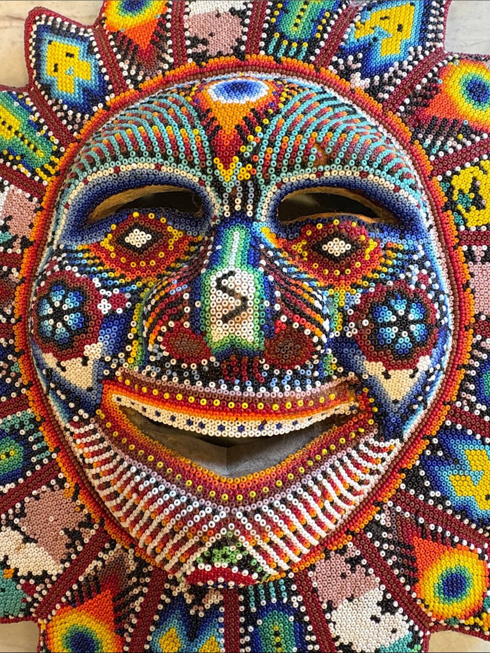 Huichol Beaded Sun - Multicolor Mexican Folk Mask - Picture 2 of 12